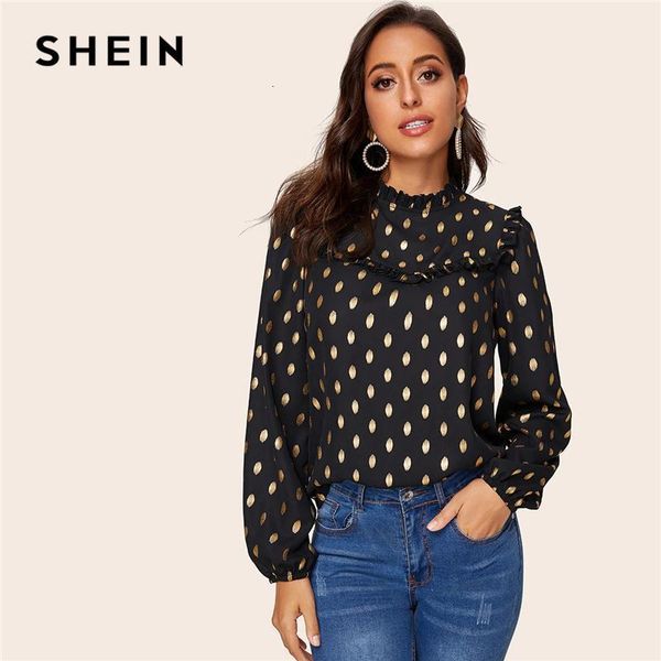 women's blouses & shirts shein black frill trim lantern sleeve gold dot print blouse women spring autumn stand collar office lady elega, White
women's blouses & shirts shein black frill trim lantern sleeve gold dot print blouse women spring autumn stand collar office lady elega, White