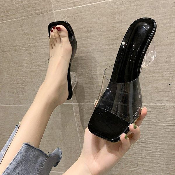 Sandals 2021 Womens Crystal Square Toed Heels Slipper Women Transparent Heel Shoes Slippers Summer Female Pumps