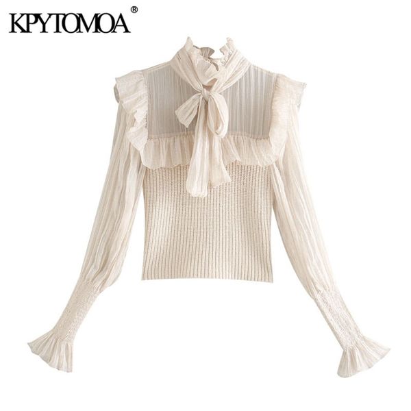women fashion organza patchwork ruffled knitted sweater high neck with bow tied female shirts chic 210420, White;black
women fashion organza patchwork ruffled knitted sweater high neck with bow tied female shirts chic 210420, White;black