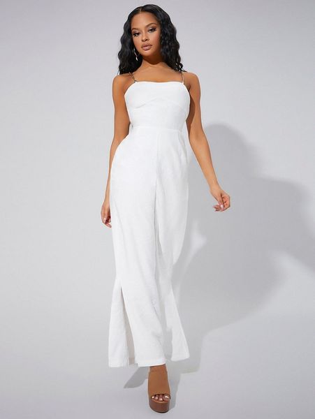 chain strappy split hem cami jumpsuit l0we#, White 
chain strappy split hem cami jumpsuit l0we#, White