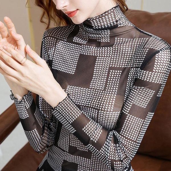 women's t-shirt 2021 spring perspective single layer thin bottomed garment wood ear high collar net shirt women, White
women's t-shirt 2021 spring perspective single layer thin bottomed garment wood ear high collar net shirt women, White