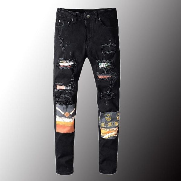 men's jeans luxury printed patch patchwork black ripped streetwear slim skinny stretch denim pants plus size 40, Blue
men's jeans luxury printed patch patchwork black ripped streetwear slim skinny stretch denim pants plus size 40, Blue