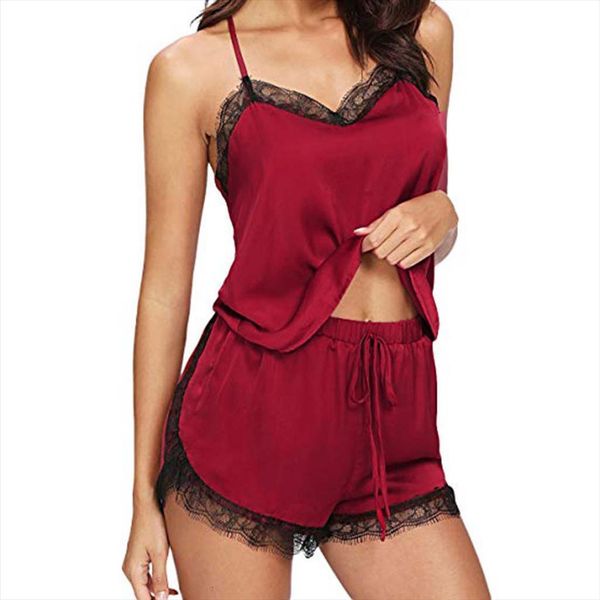two piece set silk women sleepwear pajamas backless nightwear summer lace homewear lingerie 2, Black;red
two piece set silk women sleepwear pajamas backless nightwear summer lace homewear lingerie 2, Black;red