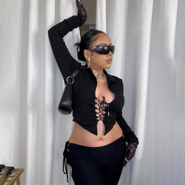 women's t-shirt hollow bandage exposed navel women ladies spring long sleeve lapel slim crop solid color wild chic shirt, White
women's t-shirt hollow bandage exposed navel women ladies spring long sleeve lapel slim crop solid color wild chic shirt, White