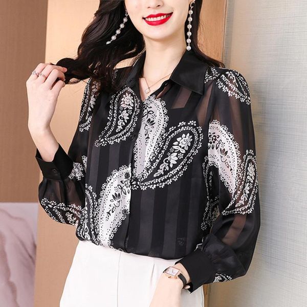 women's blouses & shirts fashion transparent shirt lapel printed chiffon black office 2021 early autumn, White
women's blouses & shirts fashion transparent shirt lapel printed chiffon black office 2021 early autumn, White