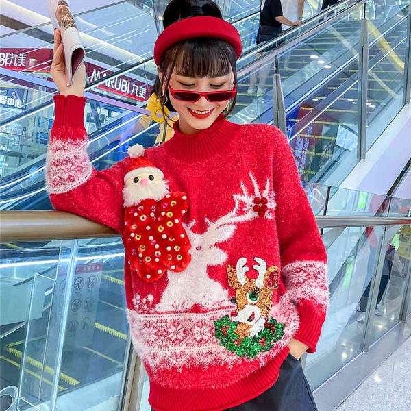 women's christmas europe crimson season sequins outside wear loose red sweater big size, White;black
women's christmas europe crimson season sequins outside wear loose red sweater big size, White;black