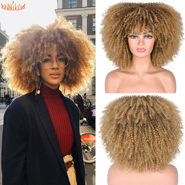 

short hair afro kinky curly wig with bangs for black women synthetic mixed brown and blonde glueless cosplay wigs heat resistantfactory dire