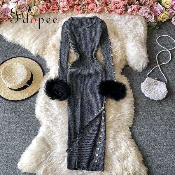 autumn winter elastic bright silk outwear knitted long sleeve side slit o-neck dress women comfort casual dresses, Black;gray
autumn winter elastic bright silk outwear knitted long sleeve side slit o-neck dress women comfort casual dresses, Black;gray