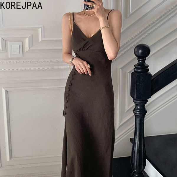 korejpaa women dress summer korean temperament deep v-neck slimming side single-bbreasted decorative sling vestidos 210526, Black;gray
korejpaa women dress summer korean temperament deep v-neck slimming side single-bbreasted decorative sling vestidos 210526, Black;gray