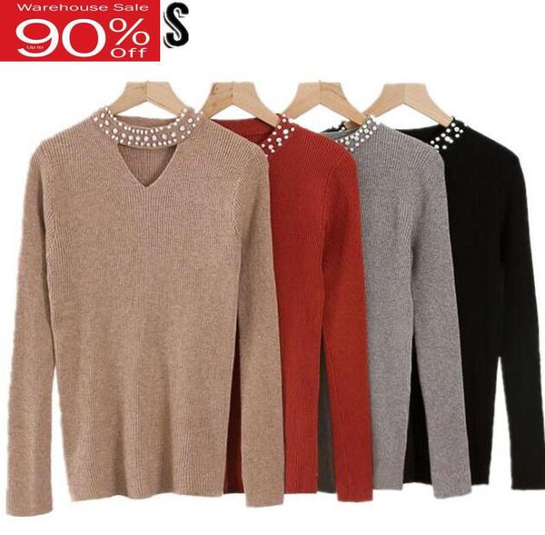 women's sweaters 2021 women pearl beading knit slim o-neck long sleeves knitwear, White;black
women's sweaters 2021 women pearl beading knit slim o-neck long sleeves knitwear, White;black