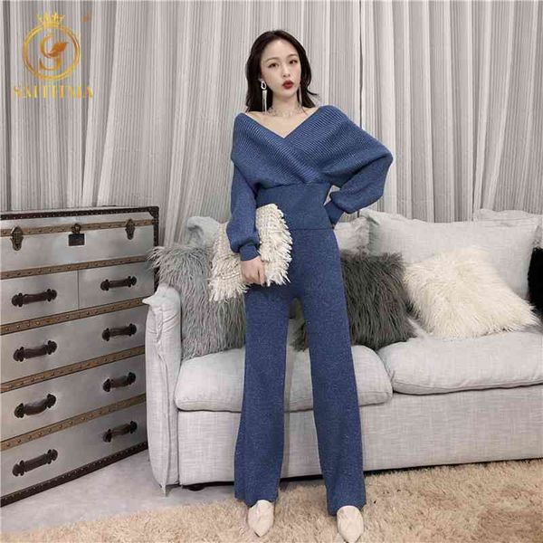 spring women v neck batwing sleeve knitting sweaters+elastic waist wide leg pants two piece outfits 210520, White
spring women v neck batwing sleeve knitting sweaters+elastic waist wide leg pants two piece outfits 210520, White