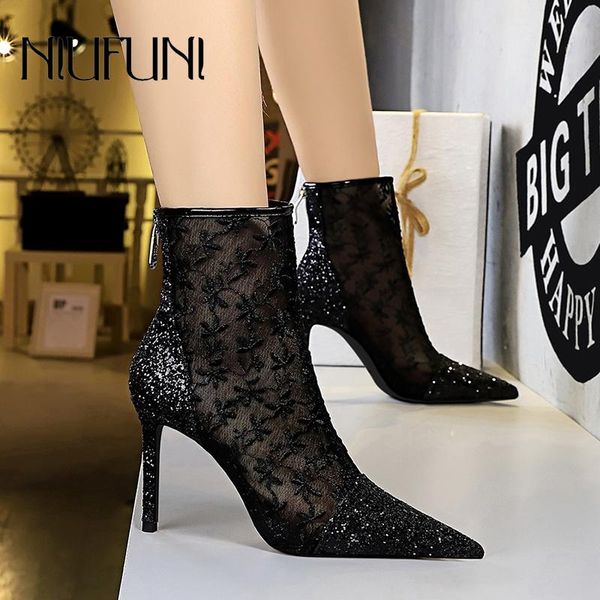 women's boots high heels sequined pointed toes embroidery transparent shoes hollow lace short back zipper sandals, Black
women's boots high heels sequined pointed toes embroidery transparent shoes hollow lace short back zipper sandals, Black