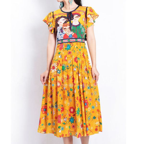 women runway new summer butterfly short sleeve characters flower printed ladies ruffles bow print tie o-neck pleated dress, Black;gray
women runway new summer butterfly short sleeve characters flower printed ladies ruffles bow print tie o-neck pleated dress, Black;gray