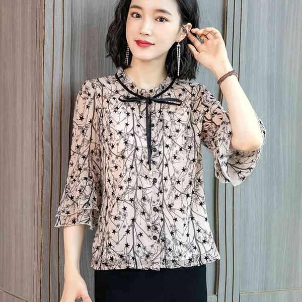 ruffle women shirts half-sleeve shirt summer loose chiffon black printed bow neck middle-aged blouse 30h 210420, White 
ruffle women shirts half-sleeve shirt summer loose chiffon black printed bow neck middle-aged blouse 30h 210420, White