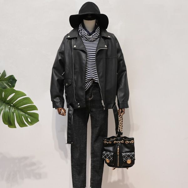 women's leather & faux autumn women pu soft jacket casual female turn down collar moto biker zipper loose black coat with belt pg3
women's leather & faux autumn women pu soft jacket casual female turn down collar moto biker zipper loose black coat with belt pg3