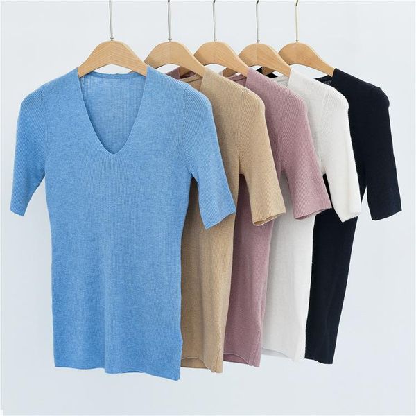 women sweater 2021 summer thin short-sleeved v-neck pullover solid color stretch women's sweaters, White;black
women sweater 2021 summer thin short-sleeved v-neck pullover solid color stretch women's sweaters, White;black