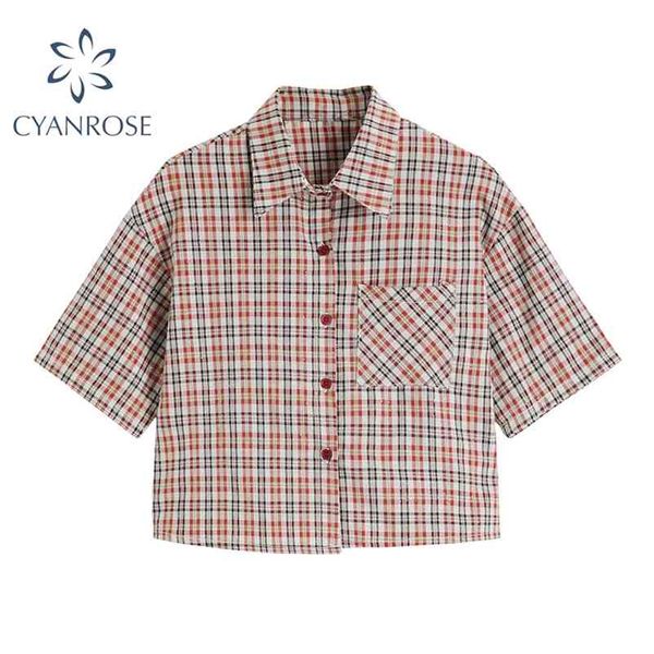 fashion plaid print crop shirt women korean style turn-down collar buttons blouse casual e-girl short sleeve blusas 210430, White
fashion plaid print crop shirt women korean style turn-down collar buttons blouse casual e-girl short sleeve blusas 210430, White