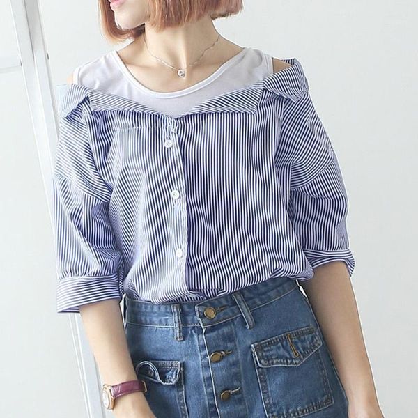 women striped cold shoulder blouse fake two pieces o neck women's female blusas blouses & shirts, White
women striped cold shoulder blouse fake two pieces o neck women's female blusas blouses & shirts, White