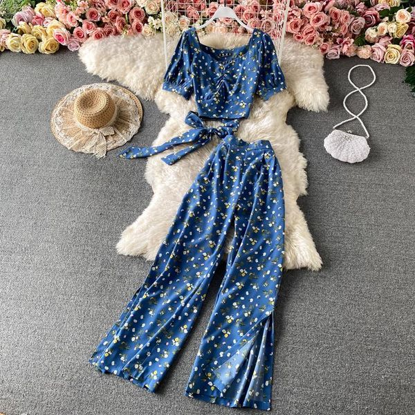 summer floral holiday style v-neck short two-piece suit high waist split wide leg pants long 450 women's two piece, White
summer floral holiday style v-neck short two-piece suit high waist split wide leg pants long 450 women's two piece, White