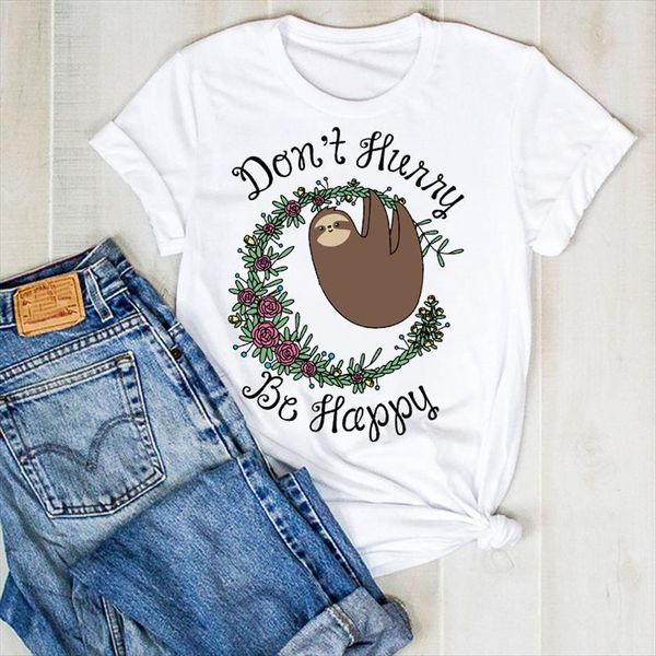 sloth summer be happy flower womens cartoon tee clothes graphic, White 
sloth summer be happy flower womens cartoon tee clothes graphic, White