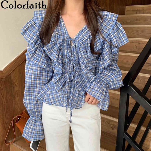 colorfaith new women spring summer blouses shirts vintage checkered lace up ruffles pagoda sleeve plaid short bl62238 210413, White
colorfaith new women spring summer blouses shirts vintage checkered lace up ruffles pagoda sleeve plaid short bl62238 210413, White