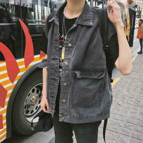 

men's vests vest men solid denim retro simple casual vintage korean plus-size 3xl ulzzang mens coats sleeveless all-match loose safari-, Black;white