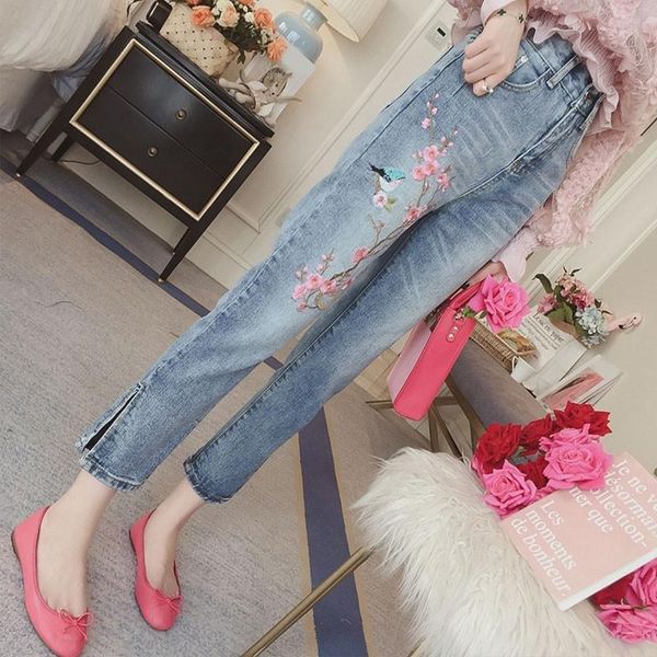women's jeans elegant women light blue denim pants high waist plus size straight office lady wear floral embroidery ankle length
women's jeans elegant women light blue denim pants high waist plus size straight office lady wear floral embroidery ankle length