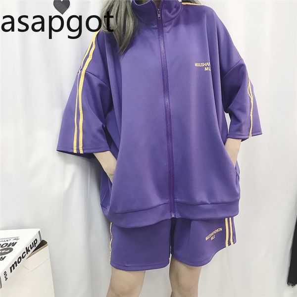 korean stand letter printed purple striped three quarter sleeve women tracksuit elastic high waist casual loose 2 piece outfits 210429, White
korean stand letter printed purple striped three quarter sleeve women tracksuit elastic high waist casual loose 2 piece outfits 210429, White