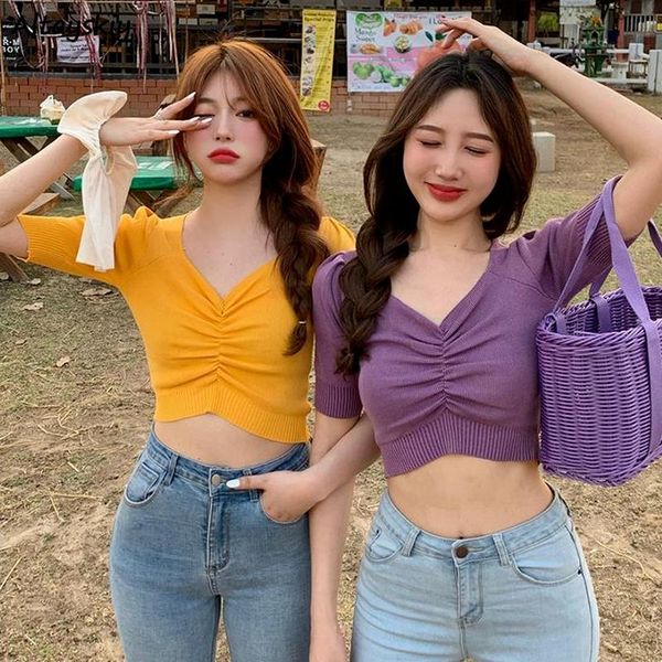 women's blouses & shirts cropped solid v-neck short sleeve minimalist knitted all-match korean style stylish casual skinny female cloth, White
women's blouses & shirts cropped solid v-neck short sleeve minimalist knitted all-match korean style stylish casual skinny female cloth, White
