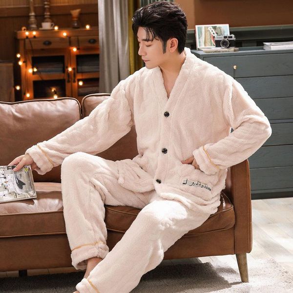men's sleepwear 2021 winter warm soft flannel pajamas 2 pcs set long-sleeved thick pyjama home service, Black;brown
men's sleepwear 2021 winter warm soft flannel pajamas 2 pcs set long-sleeved thick pyjama home service, Black;brown
