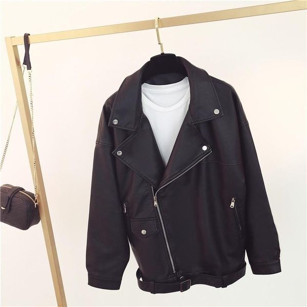 women's leather & faux autumn motorcycle 2021 large casual pu wash lapel loose jacket, Black
women's leather & faux autumn motorcycle 2021 large casual pu wash lapel loose jacket, Black