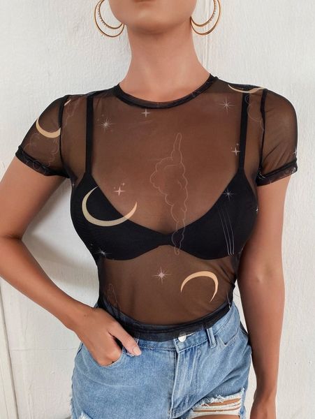 sheer graphic print mesh without bra u20x#, White 
sheer graphic print mesh without bra u20x#, White
