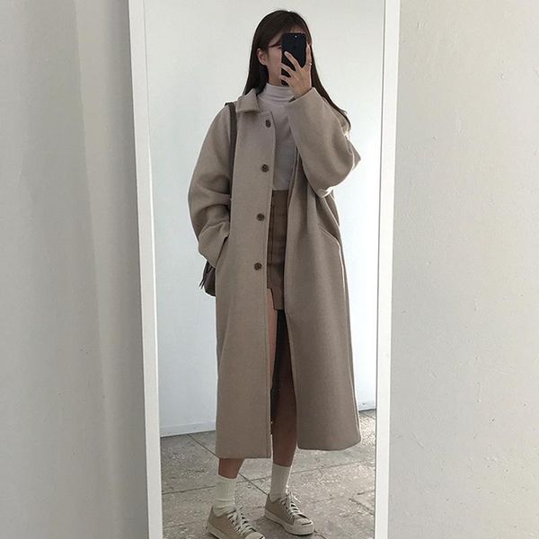 women's wool & blends autumn long sleeve pocket blend coat loose women single button outerwear, Black
women's wool & blends autumn long sleeve pocket blend coat loose women single button outerwear, Black