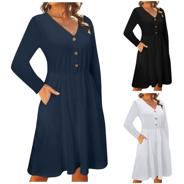 casual dresses autumn dress fashionable women's v-neck temperament solid color long-sleeved button with pocket vestido femme, Black;gray
casual dresses autumn dress fashionable women's v-neck temperament solid color long-sleeved button with pocket vestido femme, Black;gray
