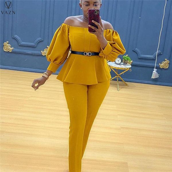 women's two piece pants vazn 2021 fashion women suit street casual style sets long sleeve card shoulder elastic lady, White 
women's two piece pants vazn 2021 fashion women suit street casual style sets long sleeve card shoulder elastic lady, White