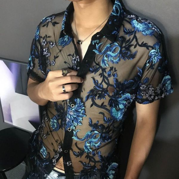 men's casual shirts floral embroidery stylish for men see through short sleeve shirt transparent club designer, White;black
men's casual shirts floral embroidery stylish for men see through short sleeve shirt transparent club designer, White;black