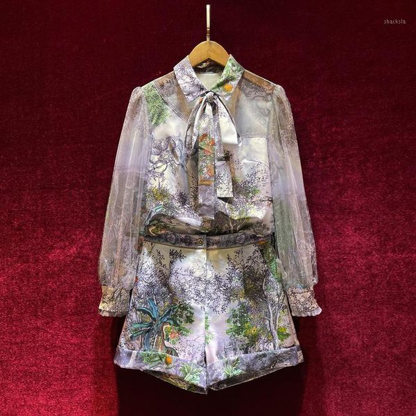 women's tracksuits european and american summer 2021 long sleeve lapel bow shirt tree print shorts fashion suits, Gray
women's tracksuits european and american summer 2021 long sleeve lapel bow shirt tree print shorts fashion suits, Gray