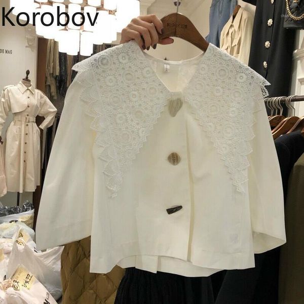 women's blouses & shirts korobov korean lace patchwork solid blouse women doll collar hook flower design long sleeve blusas ruffles but, White
women's blouses & shirts korobov korean lace patchwork solid blouse women doll collar hook flower design long sleeve blusas ruffles but, White