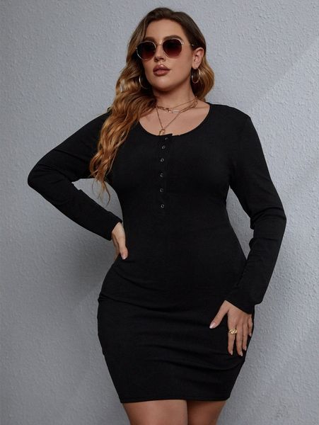 plus half button bodycon dress i6fy#, Black