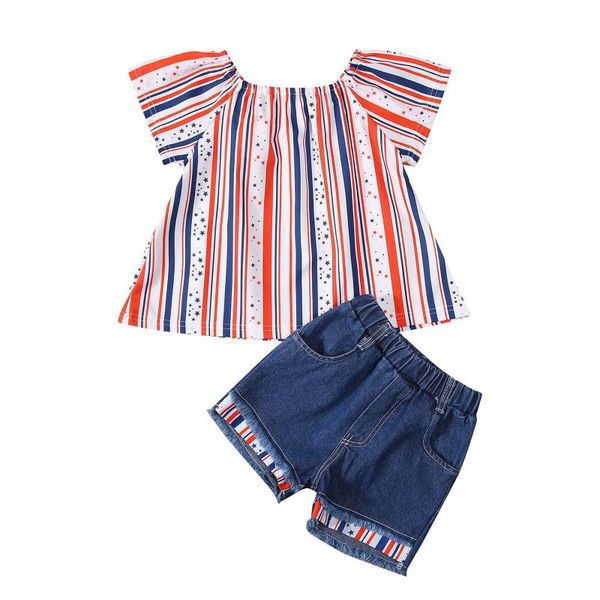 clothing sets girl\u2021s short-sleeved and shorts set fashion independence day stripe t-shirt stitching denim short pants, White
clothing sets girl\u2021s short-sleeved and shorts set fashion independence day stripe t-shirt stitching denim short pants, White