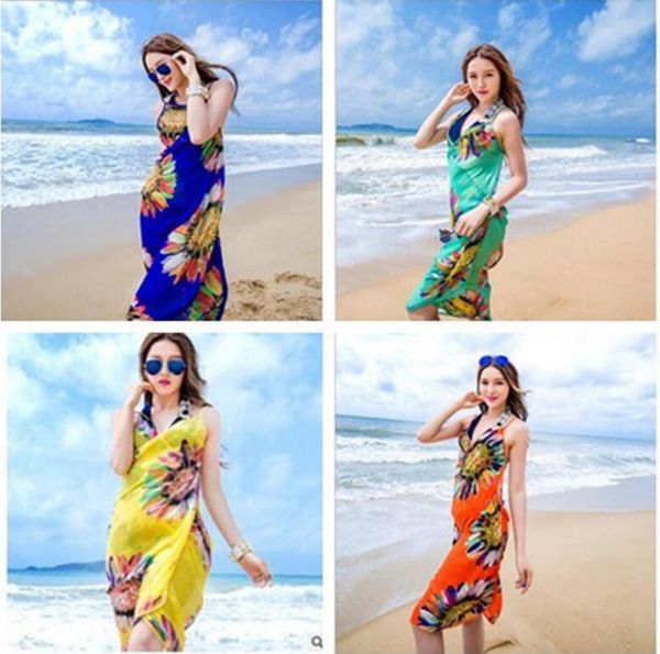 scarves beach holiday printed chiffon suspender dress sexy, Blue;gray