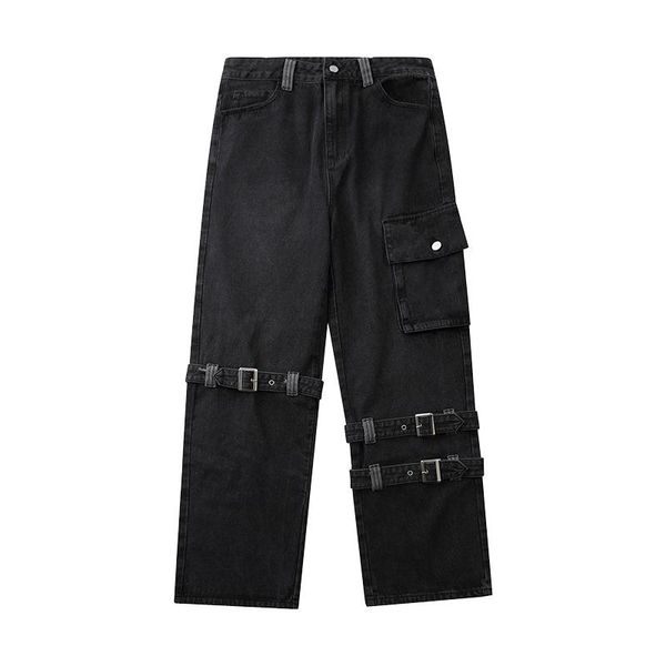 men's jeans denim bandage zipper binding hip hop streetwear men casual trousers high waist straight loose pocket vintage cargo pants, Blue
men's jeans denim bandage zipper binding hip hop streetwear men casual trousers high waist straight loose pocket vintage cargo pants, Blue