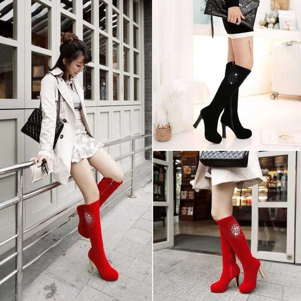 boots 2021 autumn and winter frosted thick heel flower tube long red 34-43, Black 
boots 2021 autumn and winter frosted thick heel flower tube long red 34-43, Black