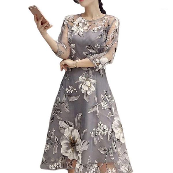 women o neck 3/4 mesh sleeve floral print large swing double layer midi dress casual dresses, Black;gray
women o neck 3/4 mesh sleeve floral print large swing double layer midi dress casual dresses, Black;gray
