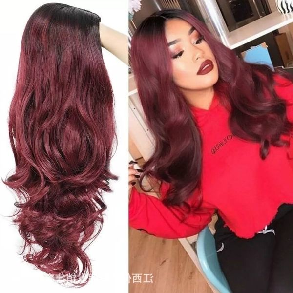 female long curly wig hair black gradual change wine red fluffy big wave chemical fiber full headgear
female long curly wig hair black gradual change wine red fluffy big wave chemical fiber full headgear