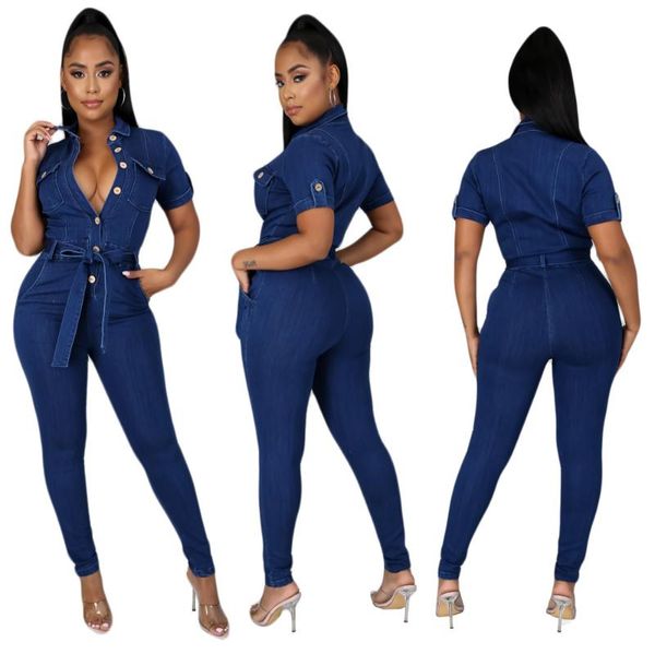 women's jeans denim casual overalls women turn down collar bodycon pencil romper jumpsuit, Blue 
women's jeans denim casual overalls women turn down collar bodycon pencil romper jumpsuit, Blue