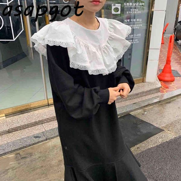 vintage lace splicing ruffles loose long sleeve peter pan collar mermaid hoodies dress cotton casual vestido trumpet solid 210429, Black;gray
vintage lace splicing ruffles loose long sleeve peter pan collar mermaid hoodies dress cotton casual vestido trumpet solid 210429, Black;gray