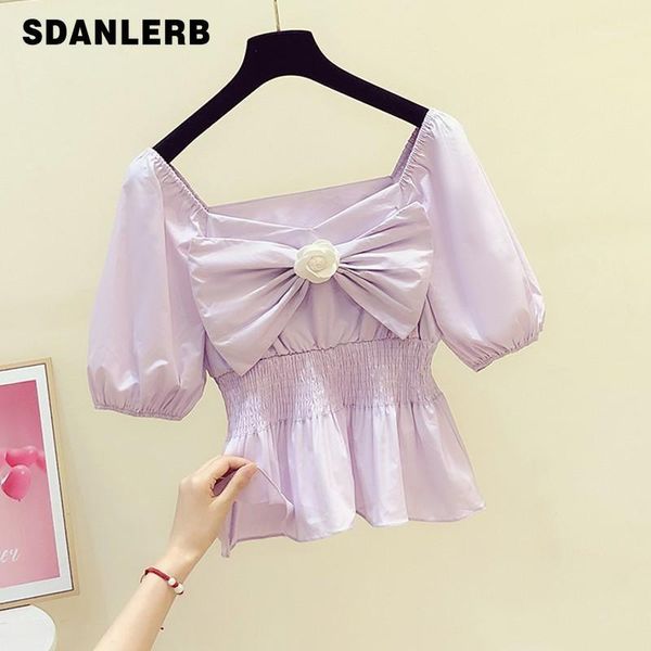 women's blouses & shirts 2021 summer purple blouse sweet flower decoration square collar short sleeve shirt slimming waist fashion, White
women's blouses & shirts 2021 summer purple blouse sweet flower decoration square collar short sleeve shirt slimming waist fashion, White