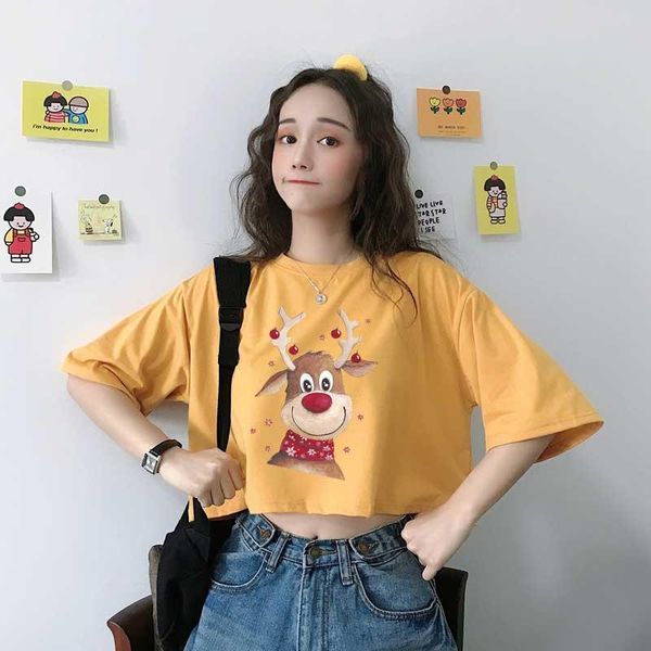 women's t-shirt cartoon kawaii christmas reindeer pattern printing women crop summer casual korean fashion harajuku style female, White
women's t-shirt cartoon kawaii christmas reindeer pattern printing women crop summer casual korean fashion harajuku style female, White