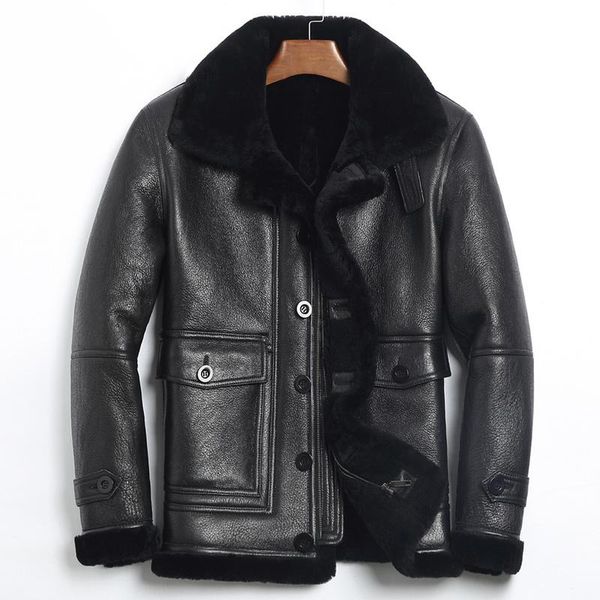 

men's leather & faux jacket men real fur coat winter sheep shearling warm wool jackets jaqueta de couro 185-1 yy708, Black
